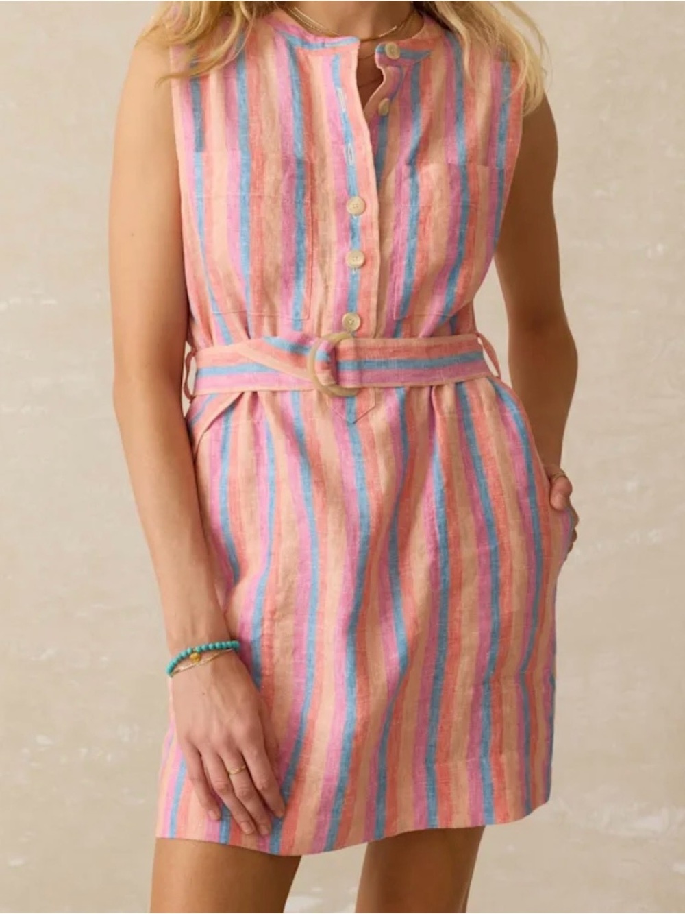 Sleeveless Belted Striped Linen Dress in Pink Multi